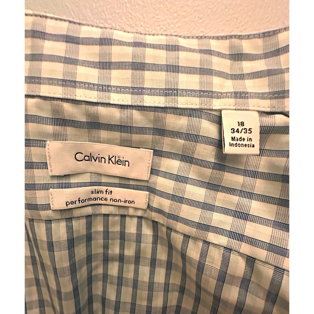 Calvin Klein Slim Fit Non-Iron Men's Dress Shirt Blue/White Check 18 34/35